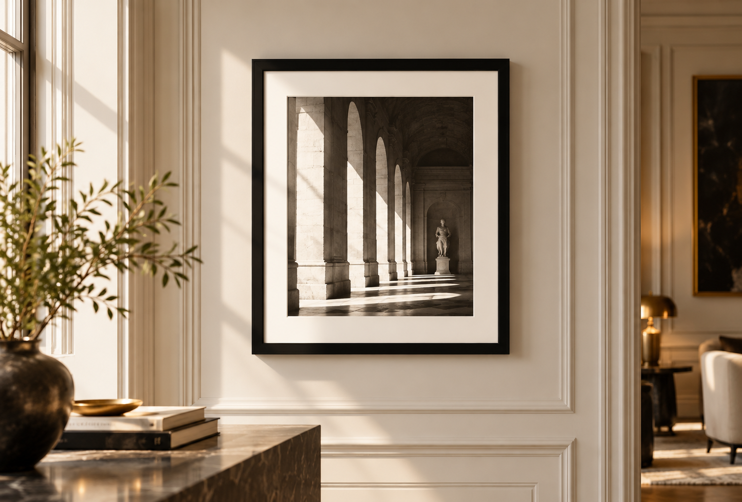 Photographie encadrée en noir avec passe-partout dans un intérieur ensoleillé