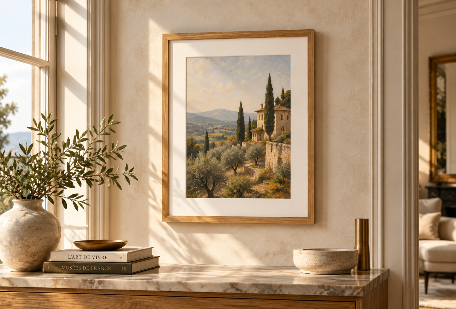 Paysage encadré en chêne naturel avec passe-partout dans un intérieur ensoleillé
